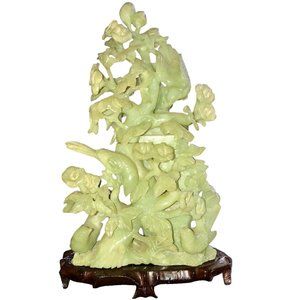 Vintage Chinese Jade Sculpture Vase with Flowers and Birds